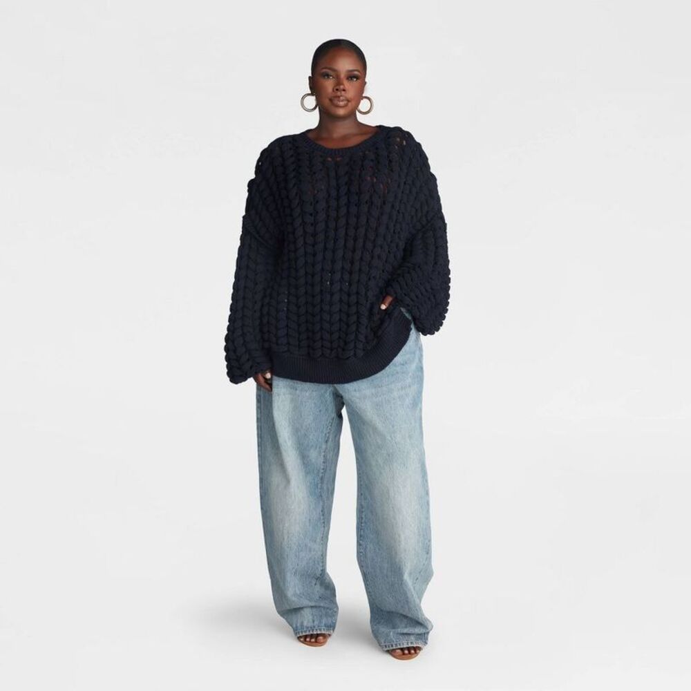 KBB by KAHLANA Women's Pullover Sweater 'The Chunky Knit Crew' - Navy Blue 3X - Picture 3 of 3